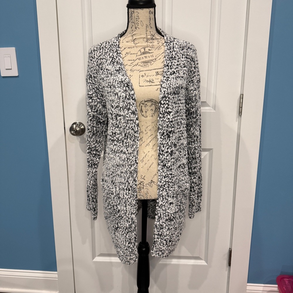 SHEIN‎ Womens Black White Popcorn Knit Open Front Cardigan Sweater Size Small